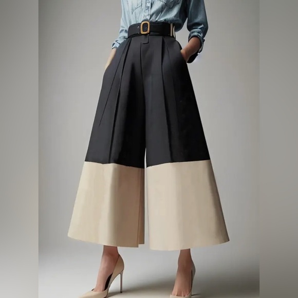 Elegant Black and Cream Wide-Leg Culottes